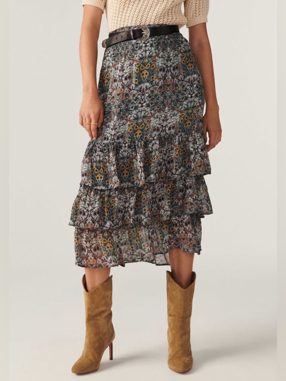 BA&SH $290 • “ waist • Paula Midi Skirt • Amande Tiered Fall Autumn